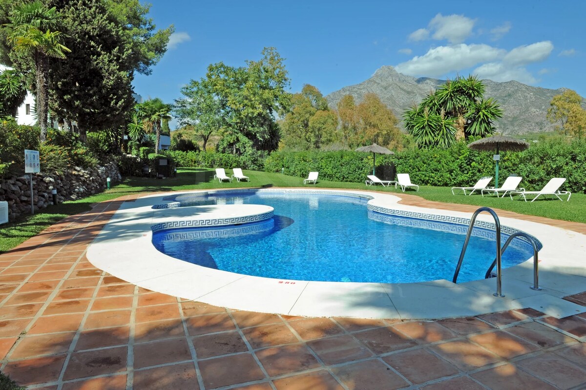 A well-maintained swimming pool is surrounded by a spacious terrace with several lounge chairs positioned nearby. Lush greenery and palm trees frame the area, while distant mountains provide a scenic backdrop under a clear blue sky.