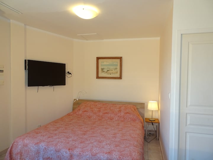 Kawasan tidur dengan katil double dan TV