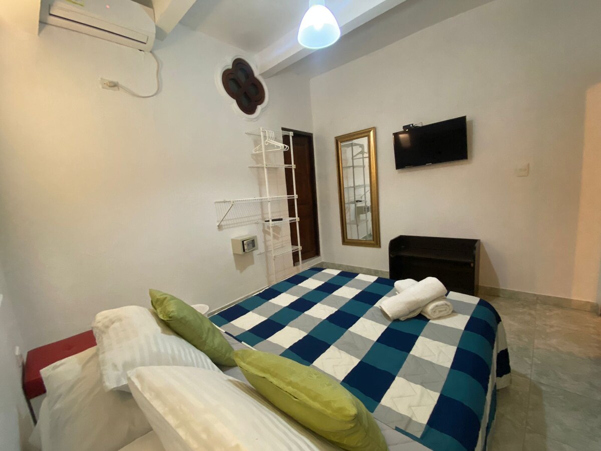 A comfortable sleeping area is featured with a spacious bed, adorned with a checkered blue and white blanket and vibrant green pillows. A wall-mounted television is visible, alongside a full-length mirror and a small dark furniture piece. Air conditioning is provided for a pleasant environment.