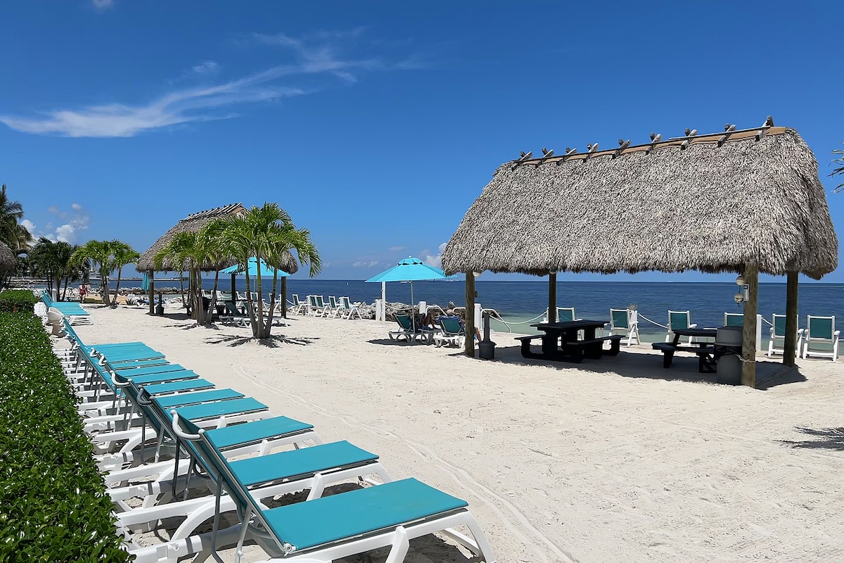 A sandy beach area features lounge chairs arranged neatly under blue umbrellas. Tiki huts provide shaded seating, while picnic tables are available nearby. The calm ocean surface reflects the clear blue sky, enhancing the tranquil environment ideal for relaxation.