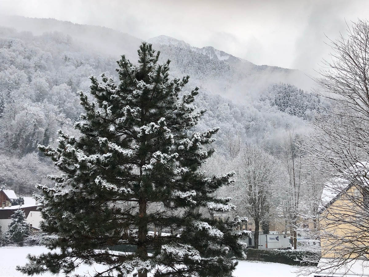 A snow-covered landscape features a prominent evergreen tree, its branches lightly dusted with snow. In the background, misty mountains rise above a blanket of white, while a few buildings and trees are visible, creating a serene winter scene.