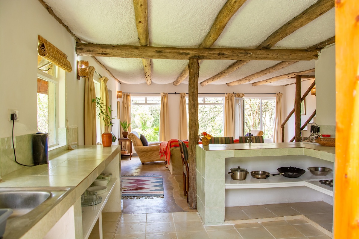 An open-plan kitchen area with light-colored countertops and wooden beams overhead. Large windows provide natural light, with a view of the living space featuring comfortable seating arrangements. Shelves are neatly organized with cookware, enhancing the functional layout.