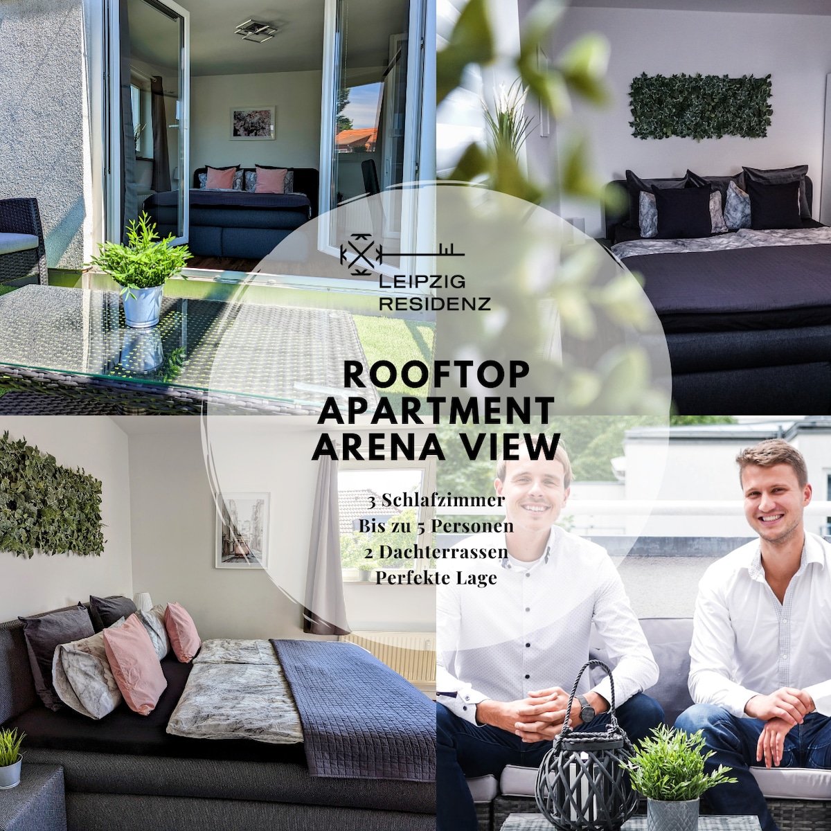 A spacious rooftop terrace is presented with comfortable seating, greenery enhancing the atmosphere. The area features a view overlooking surrounding buildings. Below, three well-furnished bedrooms provide accommodations for up to five guests, complemented by two private terraces for relaxation.