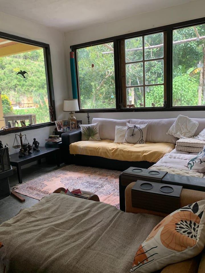 Sebule iliyo na sofa na meko
