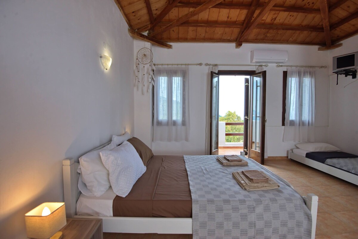 A spacious bedroom is highlighted by a wooden ceiling and large windows allowing natural light. A double bed is complemented by a single bed nearby. A small bedside lamp is positioned next to the bed, and a TV is mounted on the wall.
