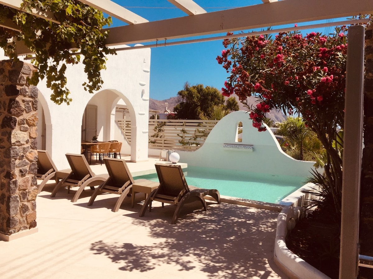 A serene outdoor area features a private pool surrounded by comfortable lounge chairs. Vibrant flowering plants add color to the scene, while a shaded dining space with a wooden table is positioned nearby. Natural light illuminates the spacious patio, enhancing the inviting atmosphere.