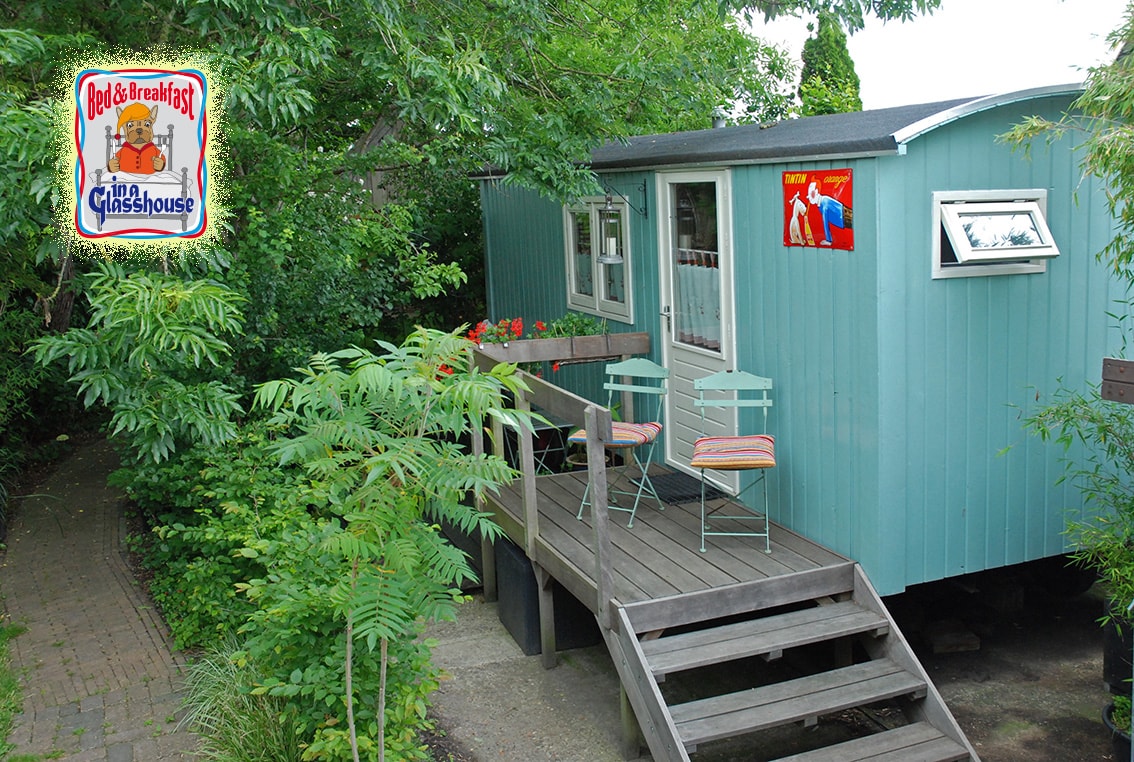 A tiny house on wheels is nestled among greenery, featuring a wooden deck with two chairs facing a bright entrance. Colorful flowers adorn the surrounding area, while a sign hangs on the wall, indicating the bed and breakfast's name.