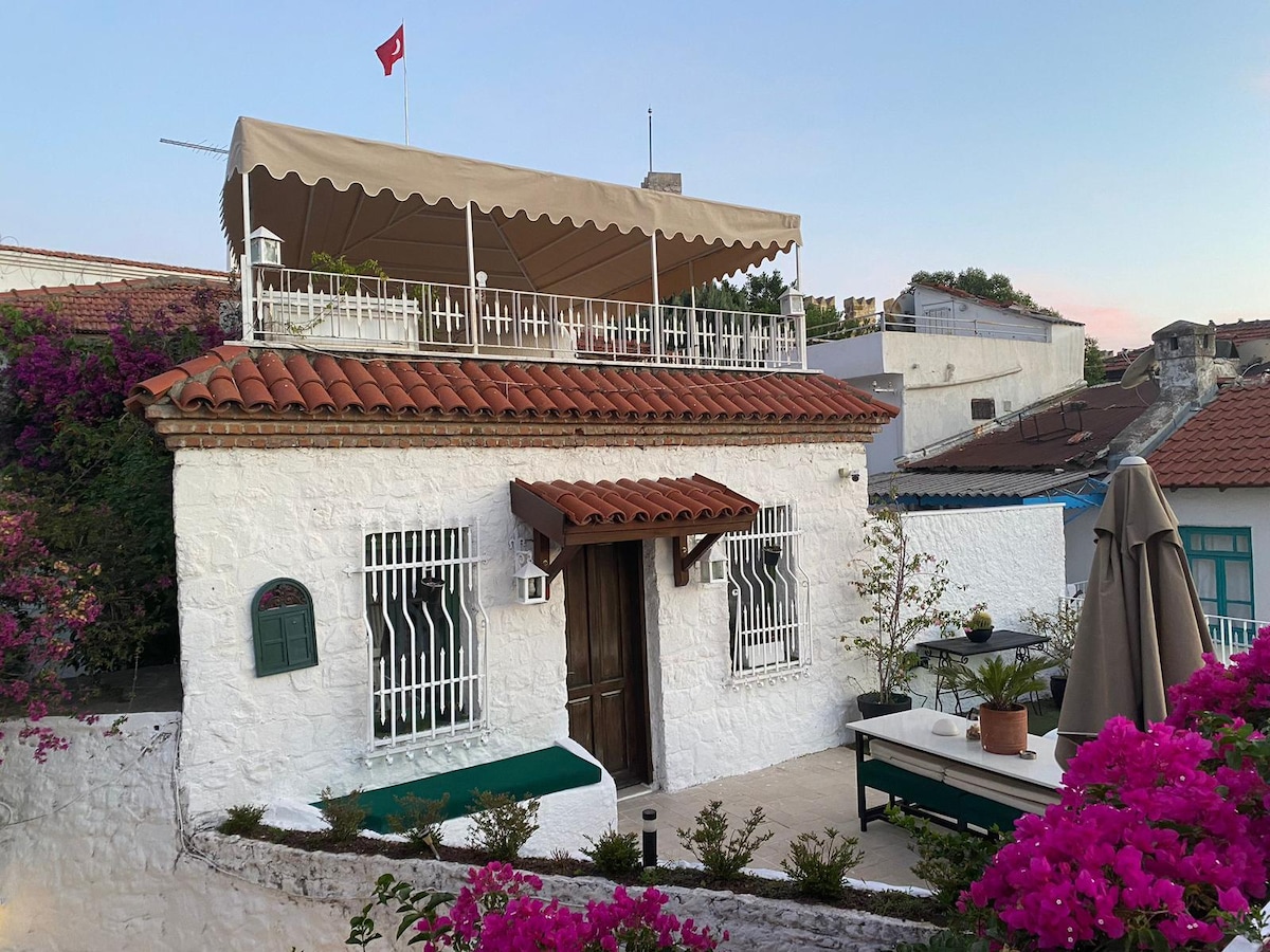 A charming white house features a traditional tile roof and a welcoming entrance. Lush bougainvillea surrounds the exterior, adding color. A shaded terrace on the roof is visible, accompanied by a flag. The overall setting reflects a quaint and serene atmosphere.