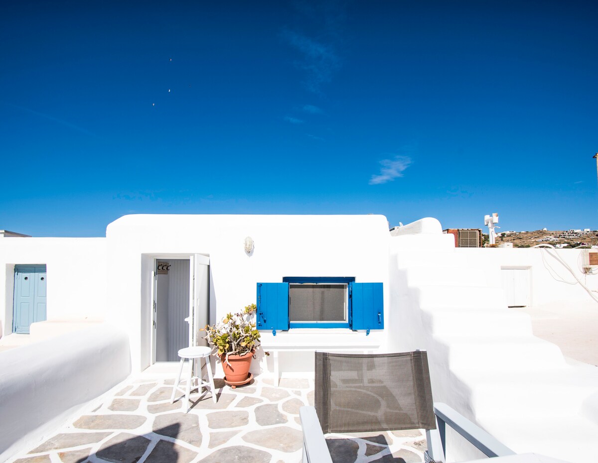 A private terrace is highlighted, adorned with a potted plant and simple outdoor furniture. Whitewashed walls create a bright setting against the clear blue sky. The space is accessible via a door leading from the interior, inviting guests to enjoy the outdoor atmosphere.
