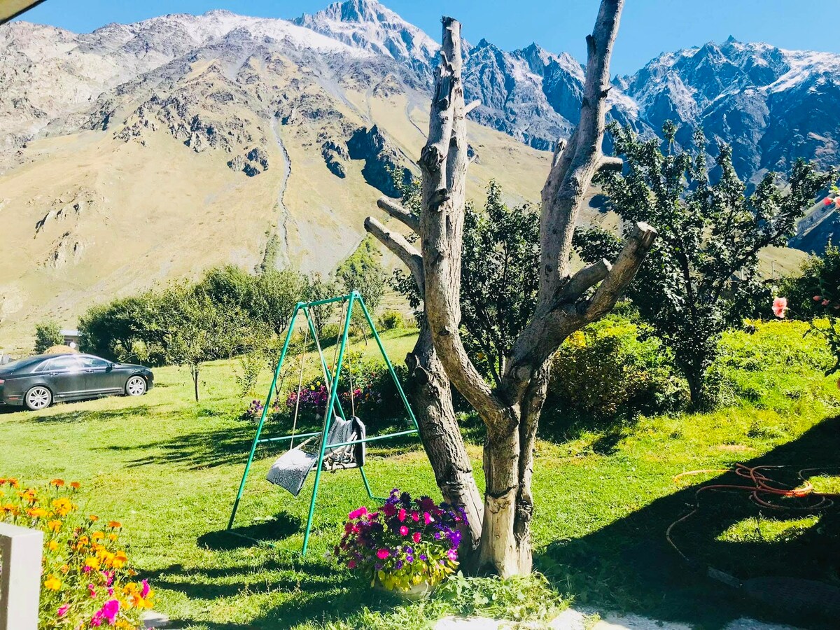 A vibrant outdoor space features a swing set surrounded by lush green grass and colorful flower beds. Majestic mountains rise in the background, creating a serene natural backdrop. A parked car is visible to the side, enhancing the family-friendly atmosphere.