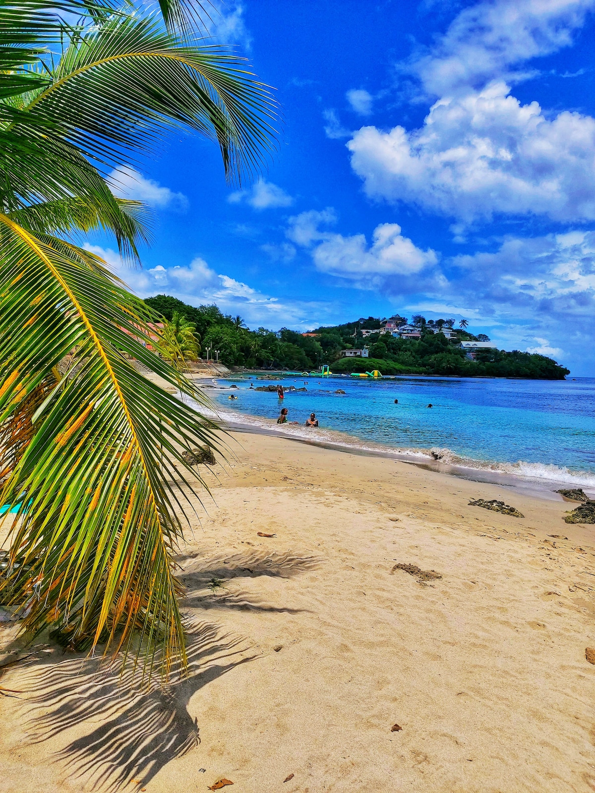 Golden sandy beach is framed by lush palm trees, leading into clear turquoise waters. Sunbathers and swimmers are visible enjoying the water, while a distant hillside offers a scenic backdrop of greenery and residential structures under a bright blue sky with scattered clouds.