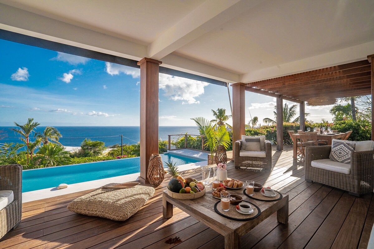 A covered outdoor terrace features comfortable seating with soft cushions and a low table. A stunning view of the Caribbean Sea is displayed beyond the private infinity pool. Tropical plants frame the space, enhancing the relaxing atmosphere.