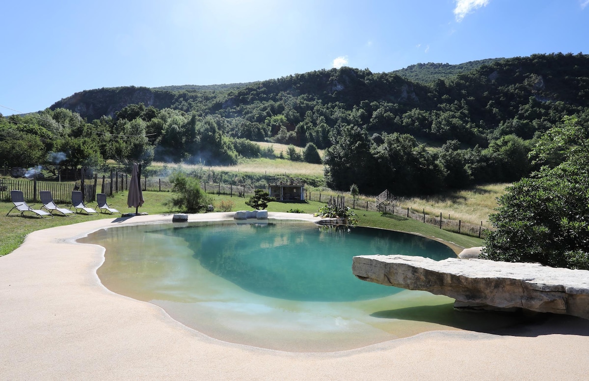 A shared swimming pool is situated in a natural setting, surrounded by lush greenery and rolling hills. Comfortable lounge chairs line one side of the pool, providing an inviting space for relaxation under the sun. A large rock formation enhances the pool's organic design.