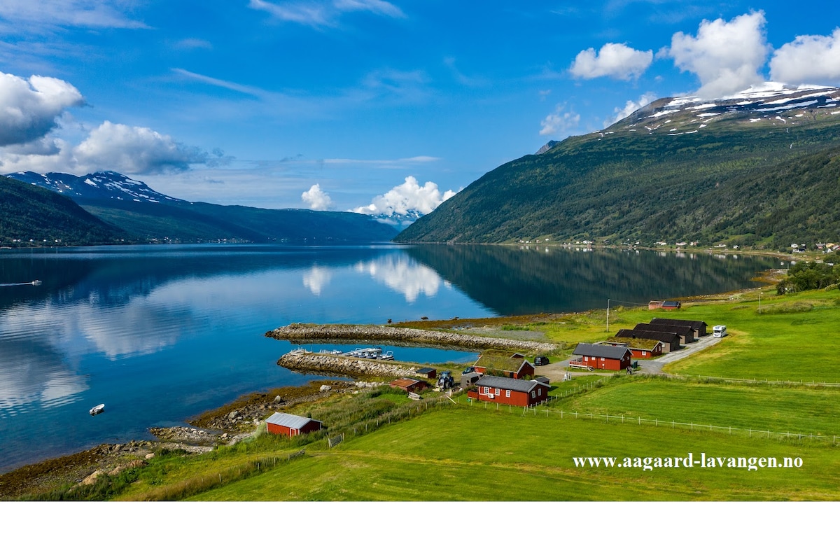 A serene landscape is shown, featuring a calm body of water reflecting the surrounding mountains and clouds. Several rustic cabins are positioned along the waterfront, with green fields extending towards the horizon.