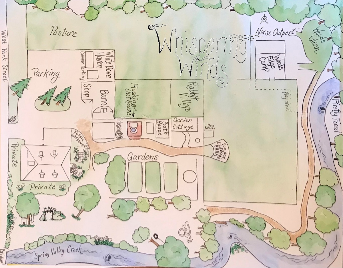 A hand-drawn map illustrates the layout of Whispering Winds. Key features include labeled areas such as the Pasture, Gardens, and Community Kitchen, along with paths leading to various amenities and access to Spring Valley Creek. The design uses gentle colors and clear text to enhance visibility.