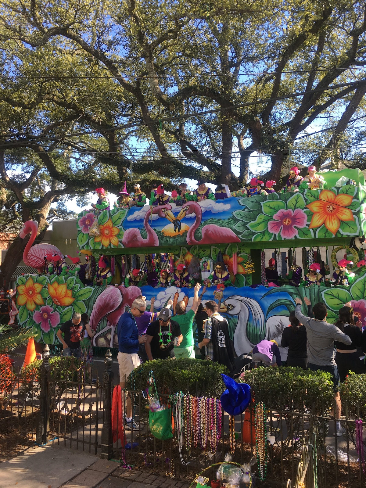 A vibrant Mardi Gras float adorned with colorful flamingos and floral designs is shown, surrounded by enthusiastic spectators. The float is positioned under lush trees, and festive decorations, including beads, are visible in the foreground, representing the lively atmosphere of the parade.