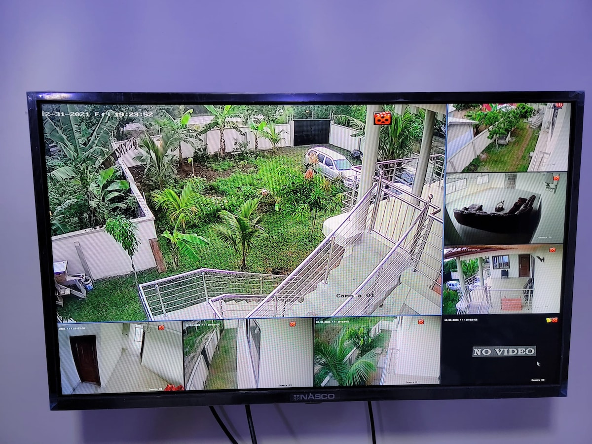 A security monitor displays multiple camera feeds, revealing a landscaped garden with various plants, including palm trees. A vehicle is parked on the property, and the interior is visible through one of the feeds, showing a seating area and stairway.