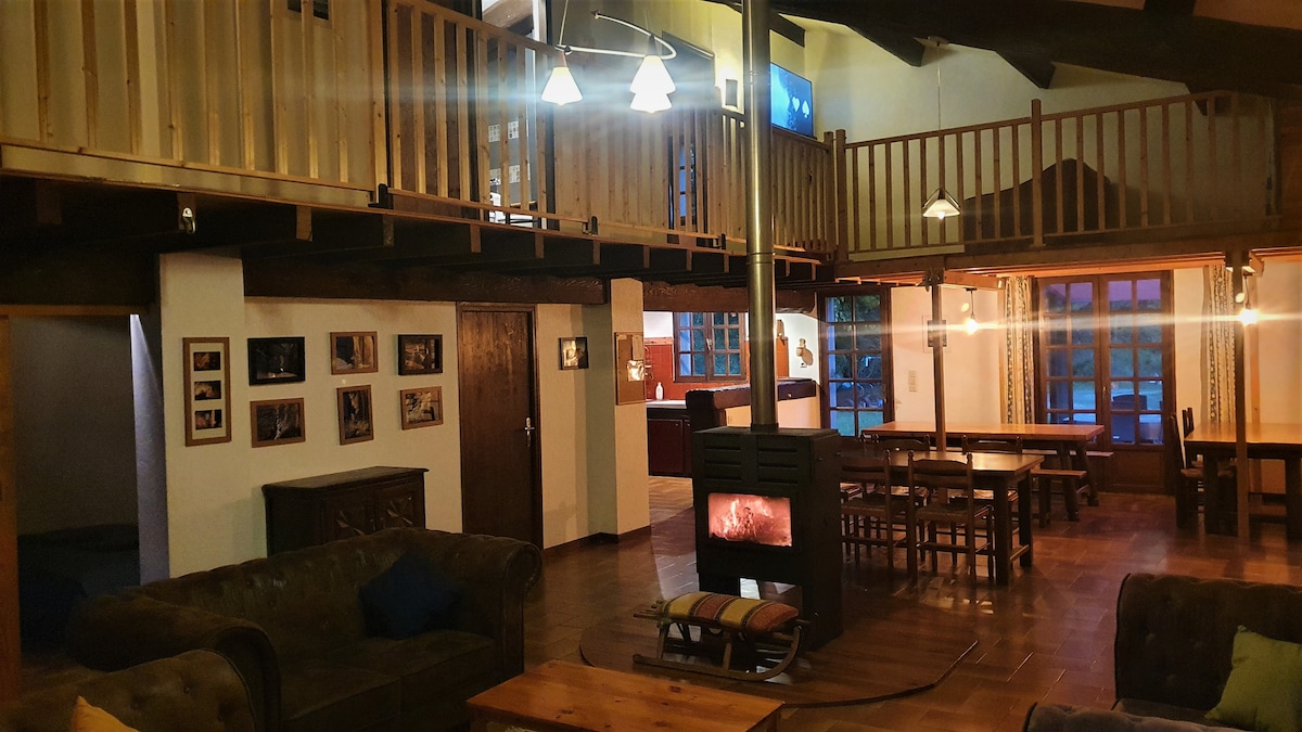 A spacious living area showcases wooden beams and an open layout. A cozy seating arrangement surrounds a central fireplace, while large windows allow natural light to fill the space. A dining table and chairs are visible, enhancing the area's communal feel.