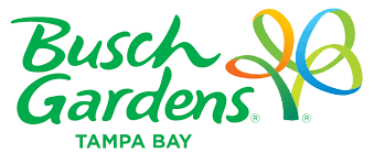 The logo of Busch Gardens features the text 'Busch Gardens Tampa Bay' in green, accompanied by a colorful design of interwoven shapes resembling leaves or ribbons. The bright colors include shades of green, orange, and blue, conveying a vibrant and playful aesthetic.