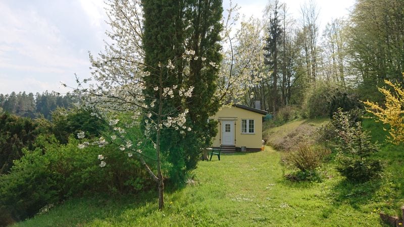 A yellow bungalow is situated on a gently sloping green lawn, surrounded by trees and flowering plants. The building features a large window and a door, complementing the serene, natural setting of hills and greenery in the background.