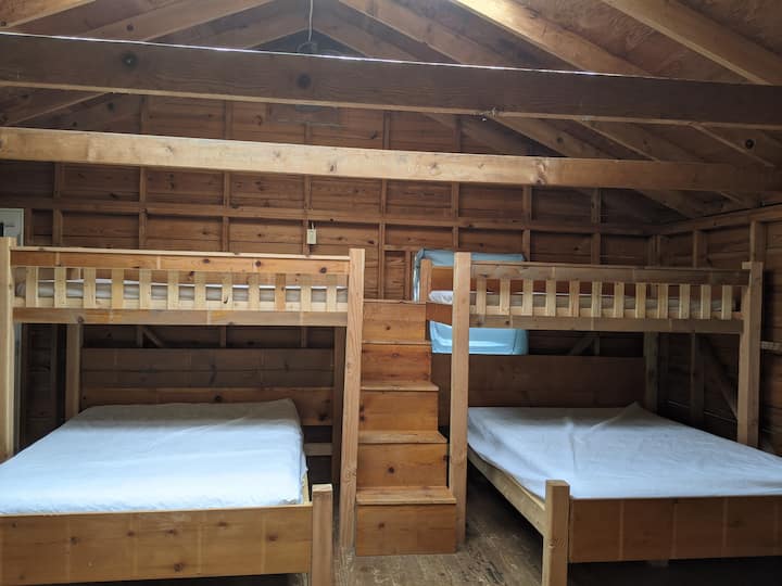 Two Queen beds and two twin bunks