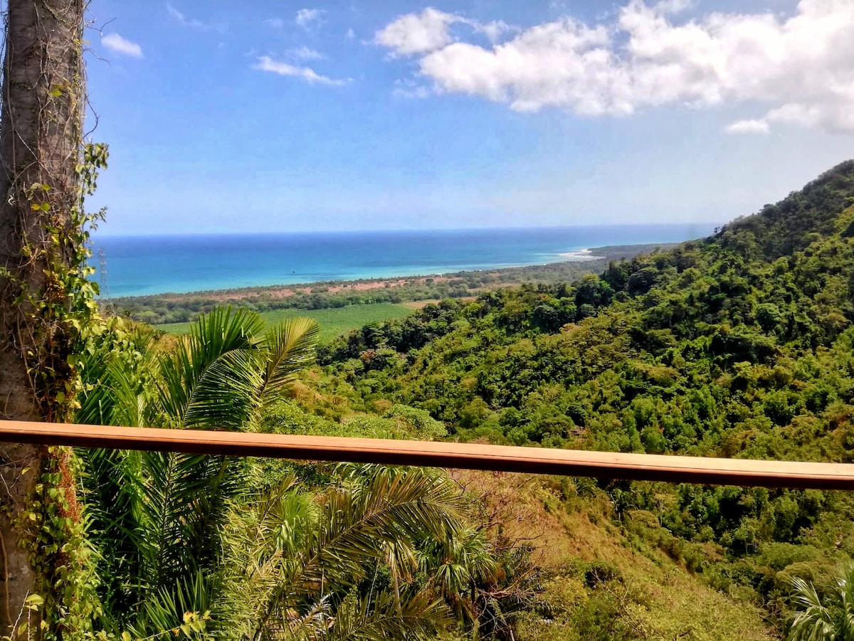 A panoramic view of the Caribbean Sea can be seen from the balcony, framed by lush greenery. The horizon showcases the vibrant blue water meeting the coastline, while a dense forest grows along the mountainous terrain, creating a serene natural landscape.