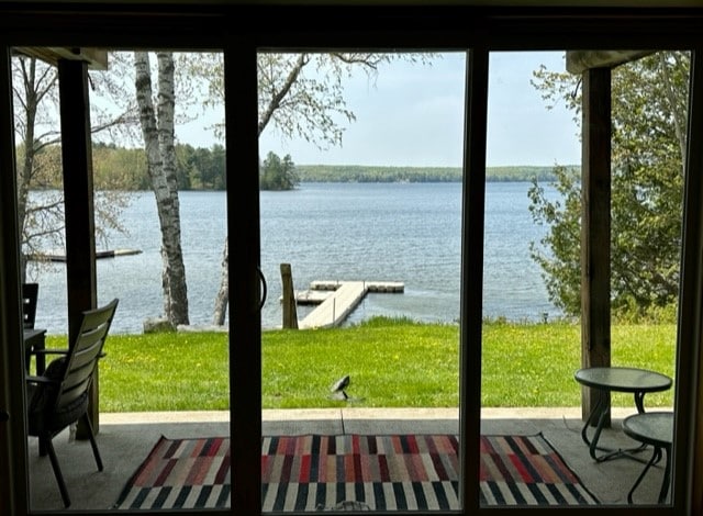 A view of Bushkong Lake is seen through sliding glass doors. A grassy area leads to a wooden dock at the water's edge. Outdoor seating is arranged on a patio, with a patterned area rug enhancing the space. Trees frame the scene on either side.