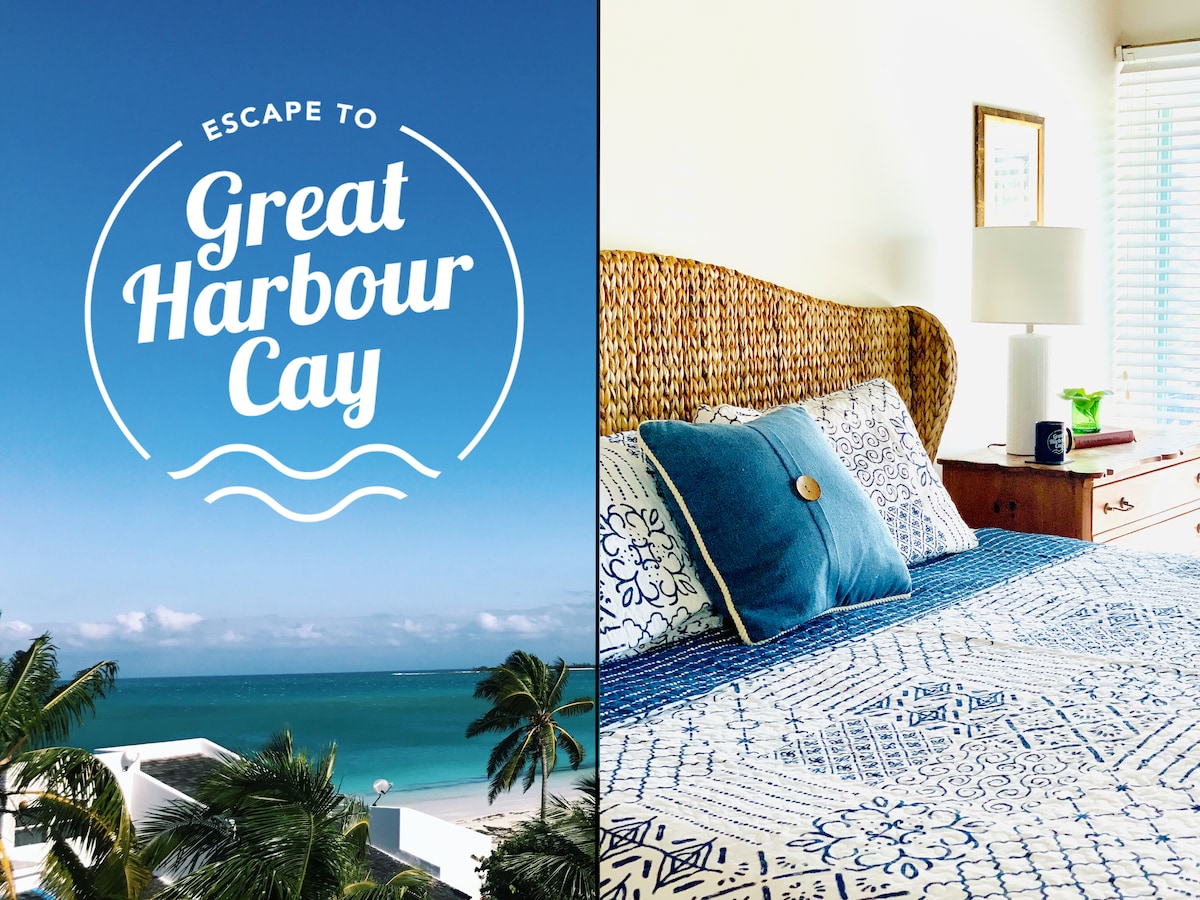 A vibrant view of Great Harbour Cay displays clear blue skies and turquoise waters, framed by lush palm trees. The adjacent image reveals a cozy sleeping area featuring a woven headboard and patterned bedding, complemented by natural light filtering through blinds.