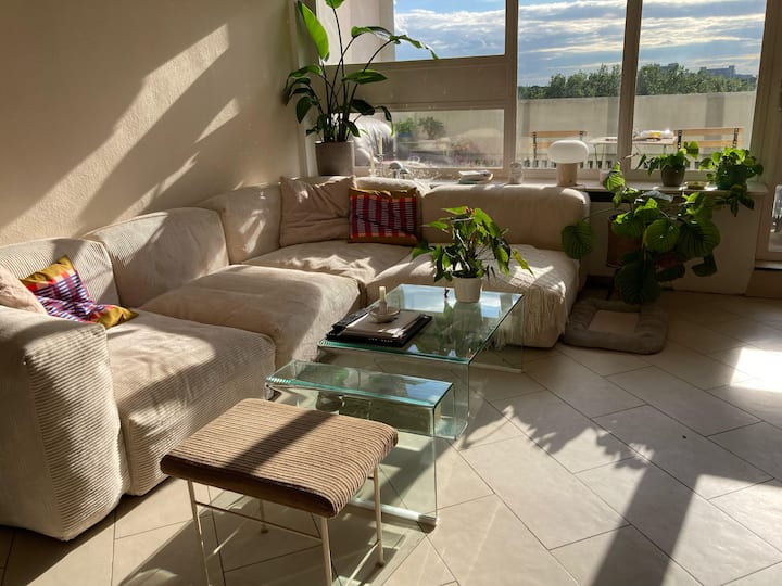 客厅光线充足，带朝西的阳台和开放式厨房。

客厅明亮，配有朝西的阳台和开放式厨房。