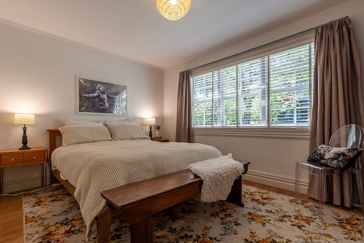 The main bedroom. The free carpark is directly in front of the cottage and is suitable for a small/medium vehicle.