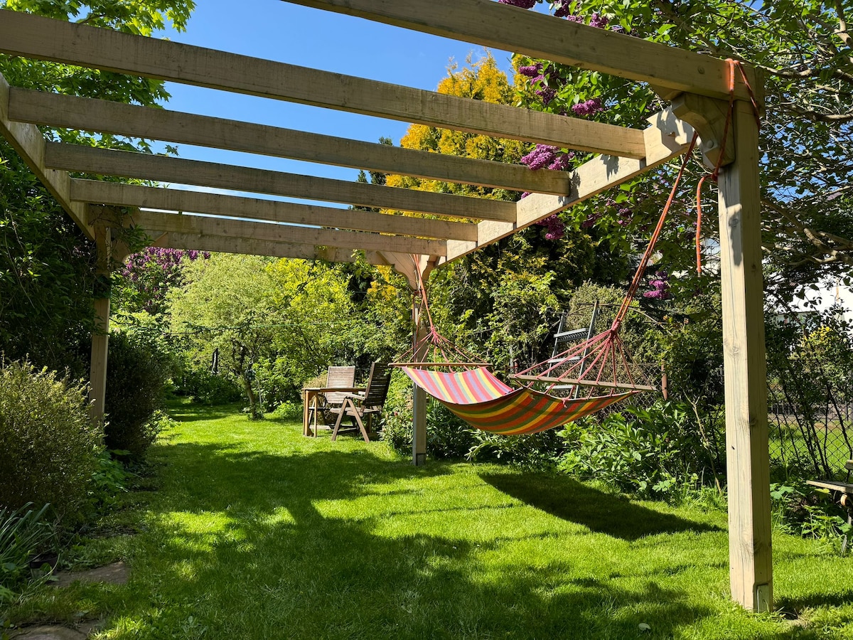 A garden space is showcased, featuring a colorful striped hammock suspended between wooden beams. Lush greenery surrounds the area, including various plants and trees. A wooden table and benches are visible under the pergola, providing a shaded seating option.