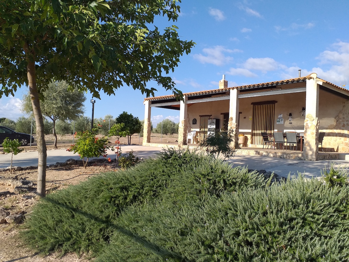 A rural house is presented with a shaded porch, framed by rosemary shrubs and a flowering tree. The building features a rustic stone exterior and stands in an open landscape with distant greenery and blue skies.