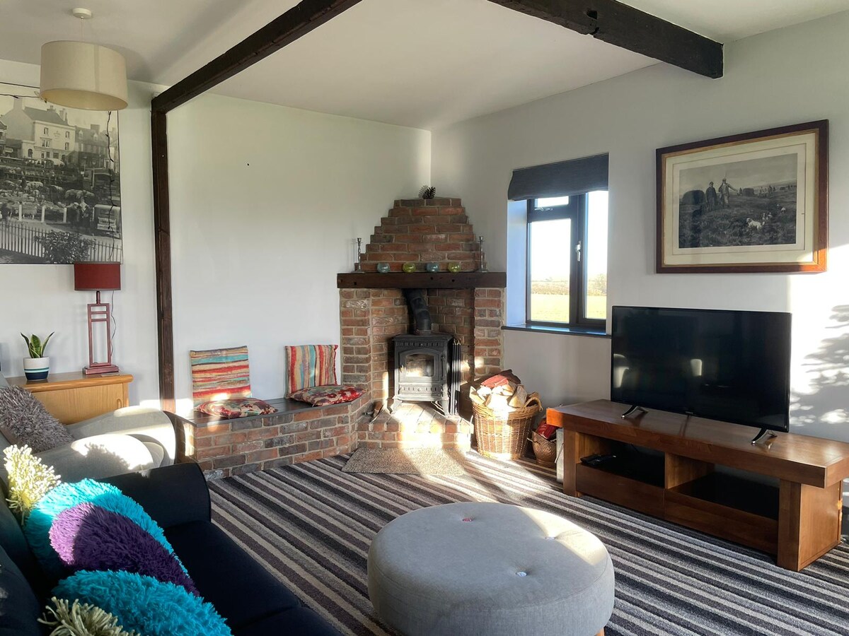 The living area features a cozy seating arrangement with a dark sofa, an ottoman, and colorful cushions. A brick fireplace is positioned against a wall, complemented by a television stand. Natural light filters in through the window, enhancing the room's welcoming atmosphere.