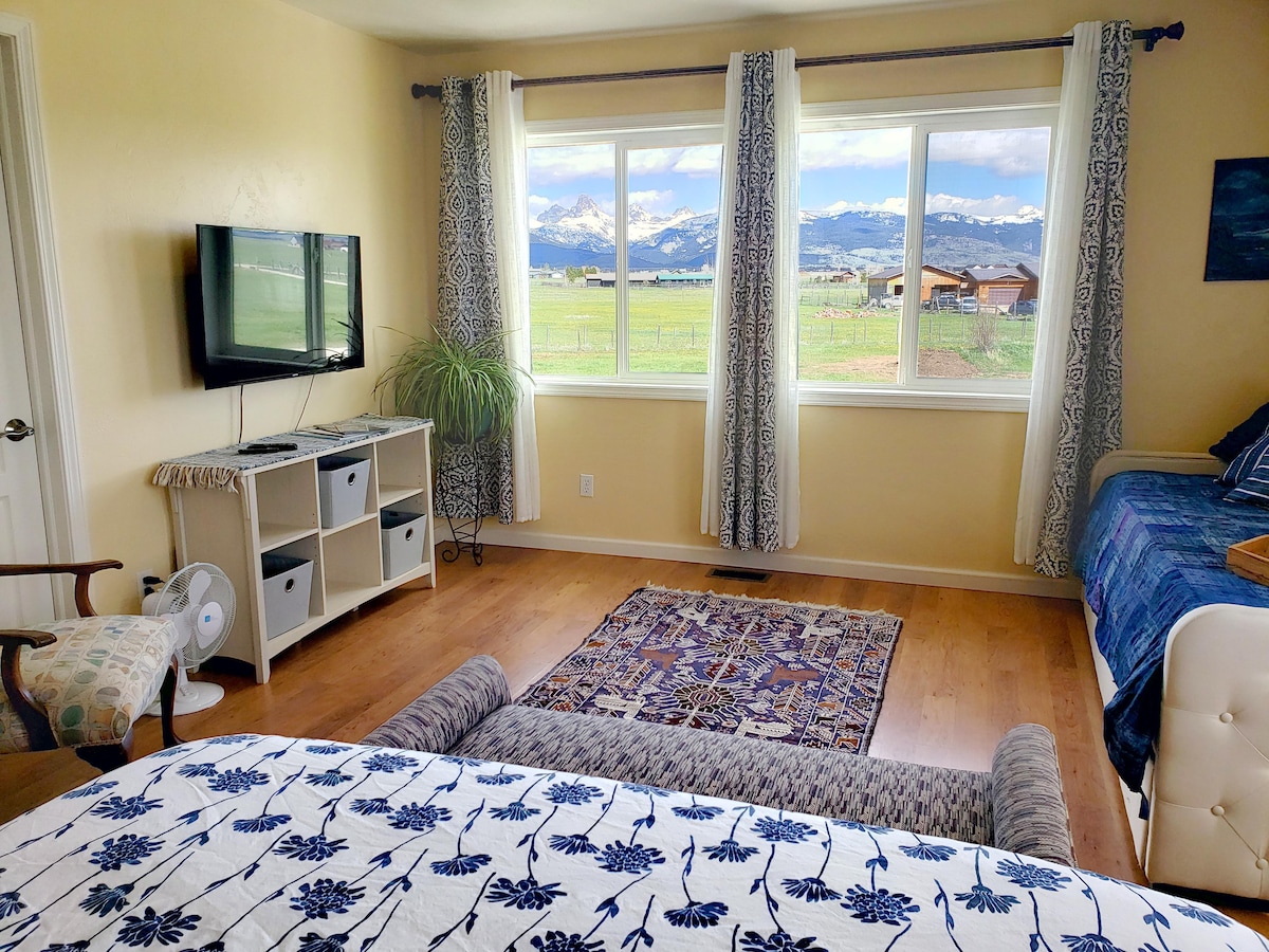 View to the Grand Tetons and your private sitting area.