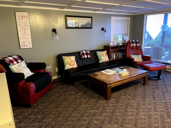 Lower living room with futon couch. 