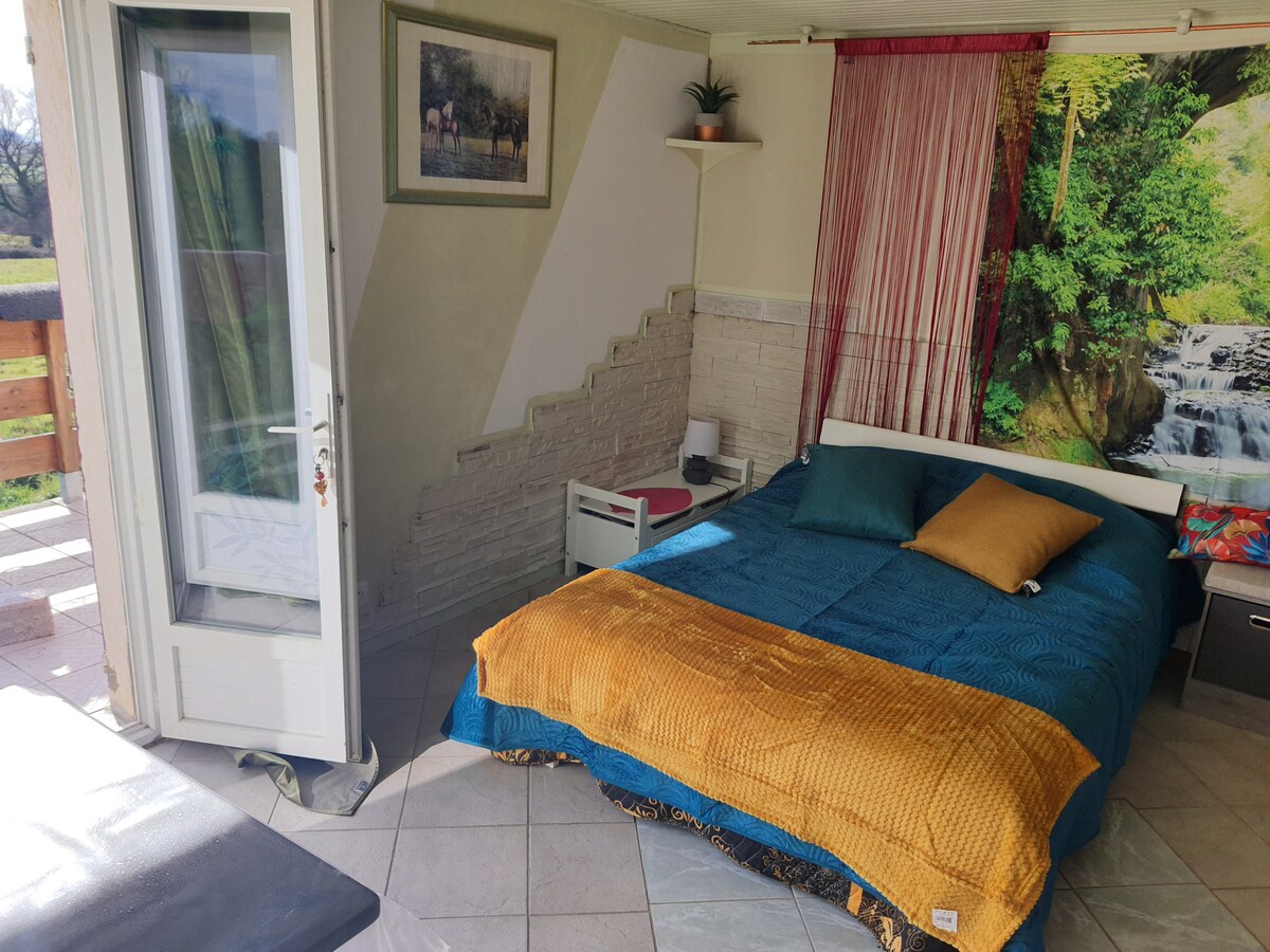 A serene guest room features a spacious bed with a vibrant blue cover, complemented by a golden throw pillow. Natural light enters through glass doors leading to a terrace, and a wall mural of lush greenery adds a calming touch to the space.