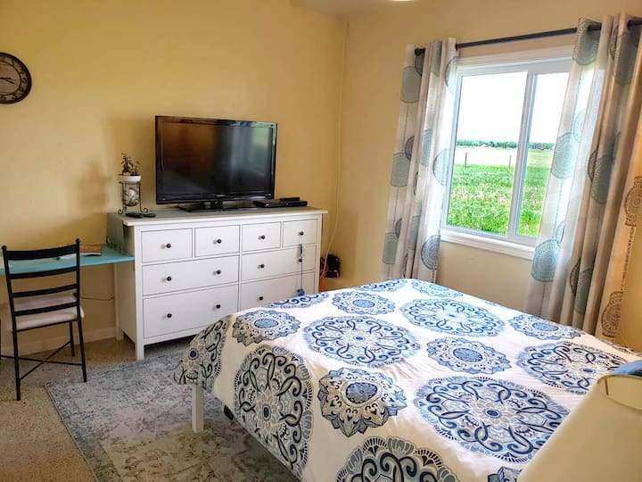 تلفزيون كبير مقاس 55بوصة مع Roku لمشاهدة الأفلام. خزانة ملابس ومكتب فسيح.