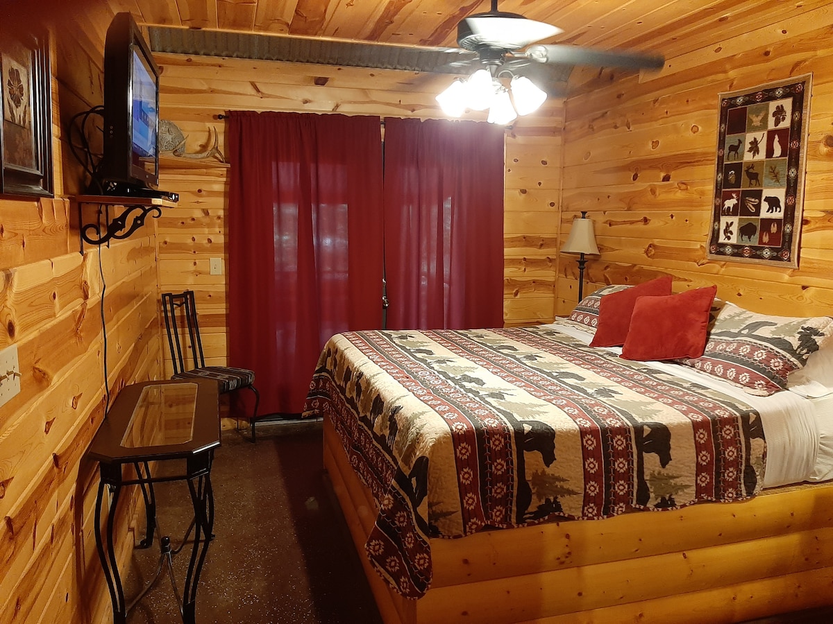 Master bedroom downstairs with king bed, Smart TV &/or Roku, & oblong table. Frenc doors behind curtains going to back deck.