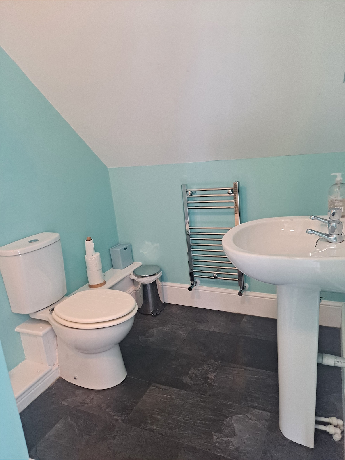 A light blue bathroom features a wall-mounted sink and a toilet, complemented by a towel radiator and a small waste bin. The floor is finished with dark tiles, contributing to the clean and functional design.