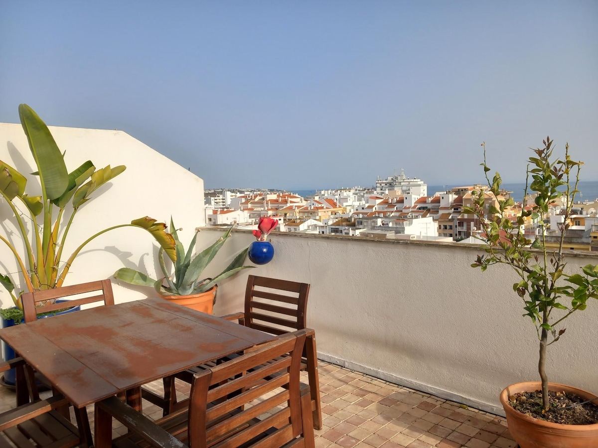 An outdoor terrace features a wooden table and chairs, surrounded by potted plants. The view extends over the city, with hints of ocean visible in the distance. A sense of spaciousness is contributed by the light ambiance.