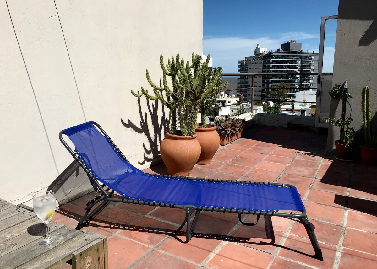 A rooftop terrace is depicted, featuring a blue lounging chair positioned on terracotta tiles. Potted cacti are arranged nearby, and a glass is placed on a wooden table, suggesting a serene space for relaxation with views of the surrounding area.