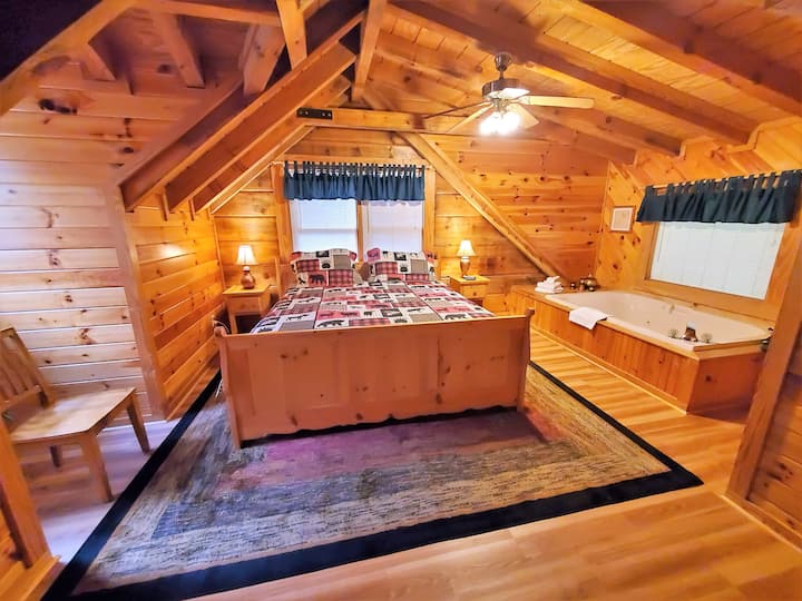 King Master Bedroom, private Jacuzzi, en-suite bathroom with walk-in shower.  TV, Closet and dresser.