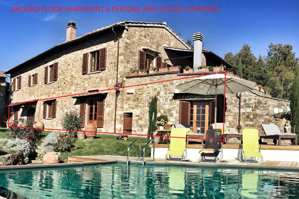 A rustic stone villa is framed by lush greenery, featuring a spacious patio with sun loungers. The sparkling private pool reflects the clear sky, providing a relaxing outdoor space. The villa's large windows invite natural light, showcasing its inviting architecture.
