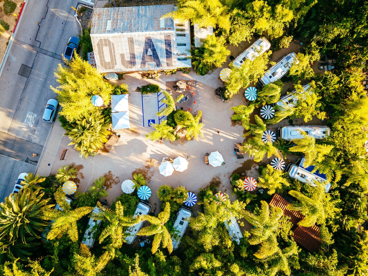 Aerial view captures a vibrant botanical garden filled with Airstreams and a Tiny House. Colorful umbrellas provide shaded seating areas among lush greenery. The word 'OJAI' is displayed prominently on a nearby structure, complementing the serene surroundings.