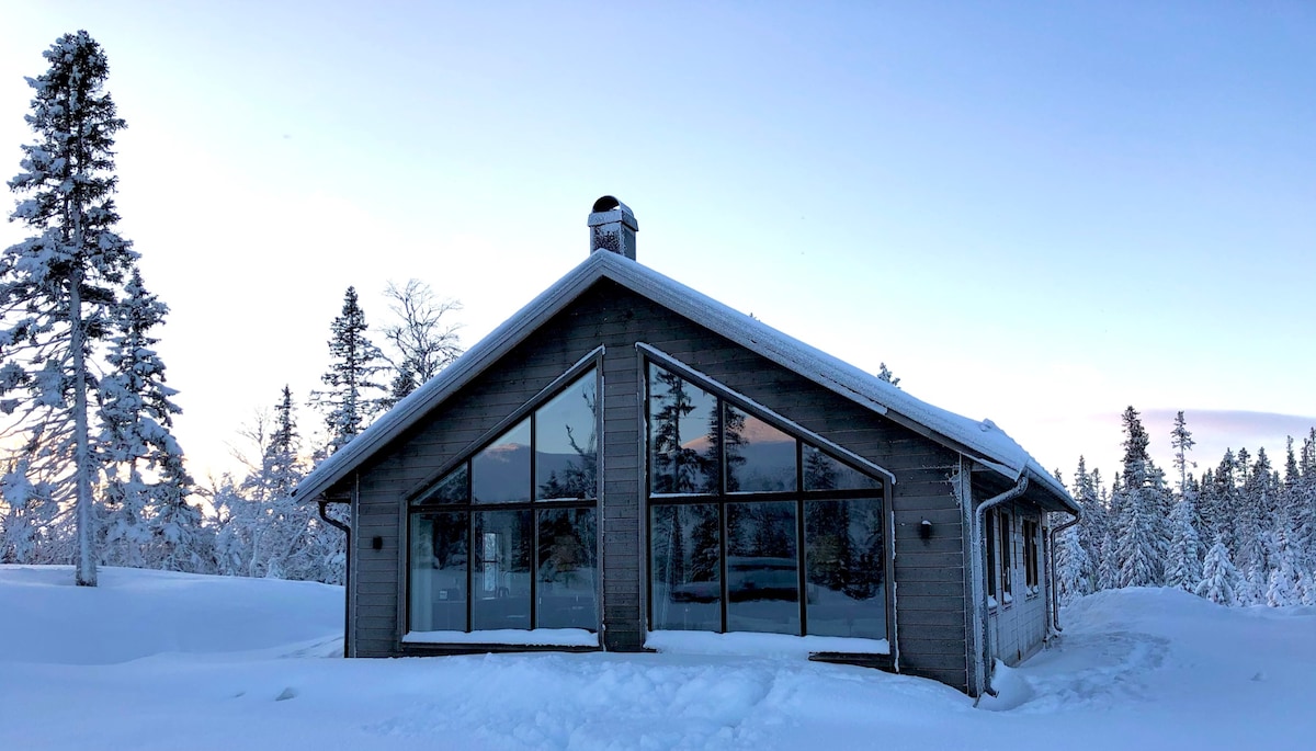 The exterior of a modern cabin is shown, featuring large glass windows that provide a view of the snowy landscape. Surrounding trees are dusted with snow, and a chimney is visible at the roof's peak, indicating warmth inside. The scene depicts a tranquil winter setting.