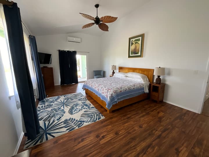 Master bedroom with king sized bed, mango wood frame, organic cotton mattresses and overhead fan. There is AC in every room. Plug your device directly into the outlet on either side of the bed and enjoy the view to the ocean.