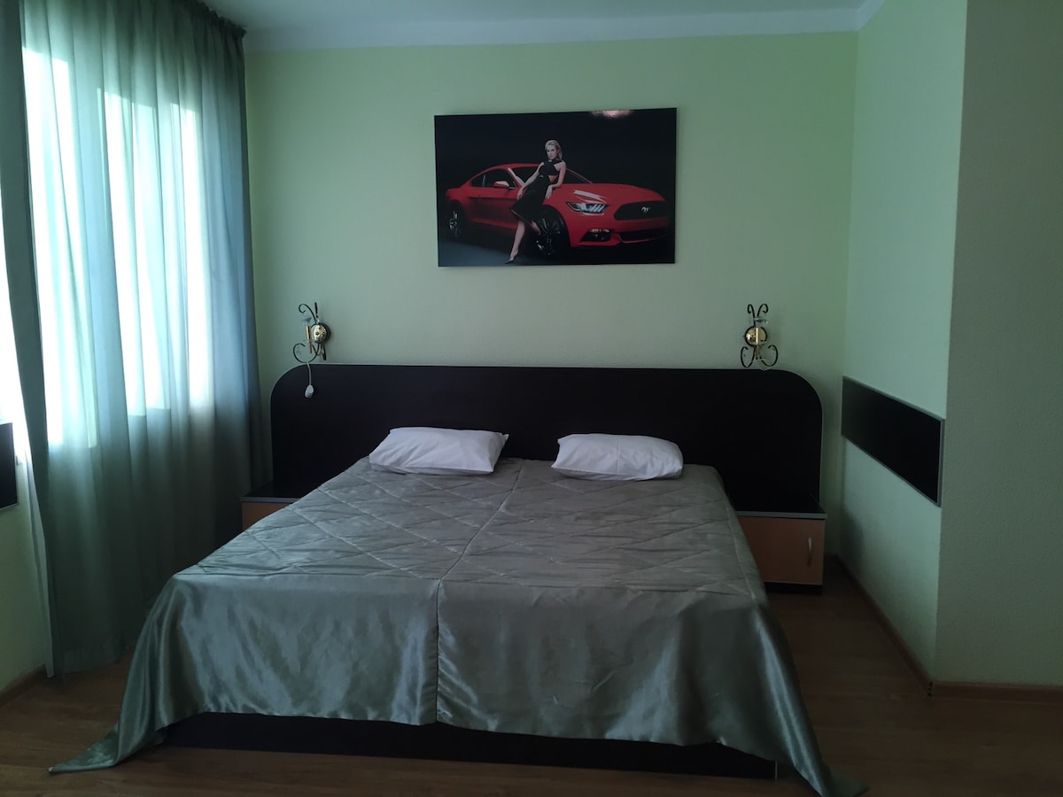 A spacious bed is centered in the room, featuring sleek black furnishings and a light-colored bedspread. A large wall-mounted image of a sporty red car is displayed above the bed. Natural light filters through sheer curtains, enhancing the room's brightness.
