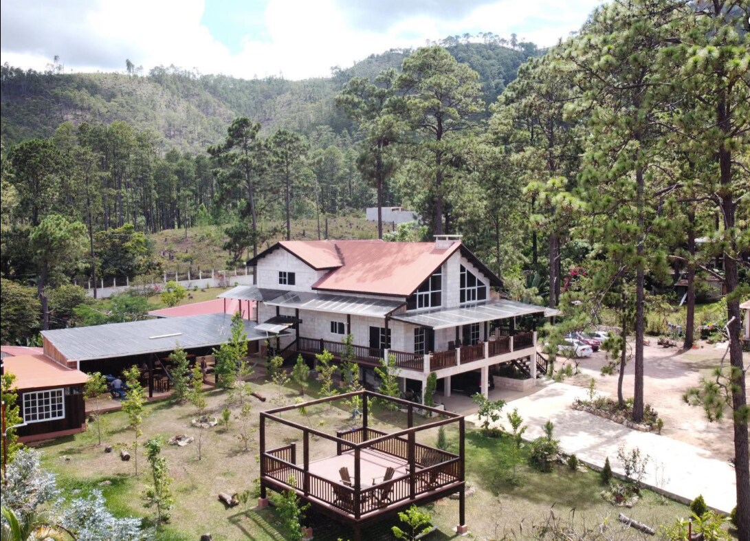 A spacious villa is nestled among tall trees, featuring a vibrant red roof and expansive decks. A gazebo with wooden railings is prominently situated in the garden, while ample parking and well-maintained greenery surround the property.