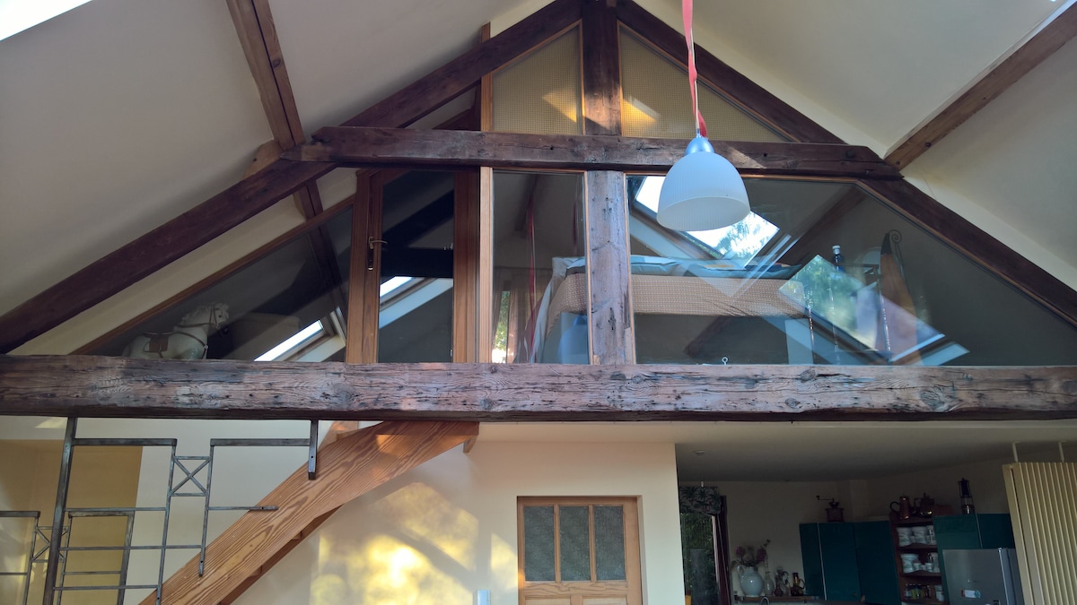 A spacious interior features exposed wooden beams and large glass elements that enhance natural light. A wooden staircase leads to a lofted area, with glimpses of the kitchen visible in the background. The warm tones of the walls complement the overall design.