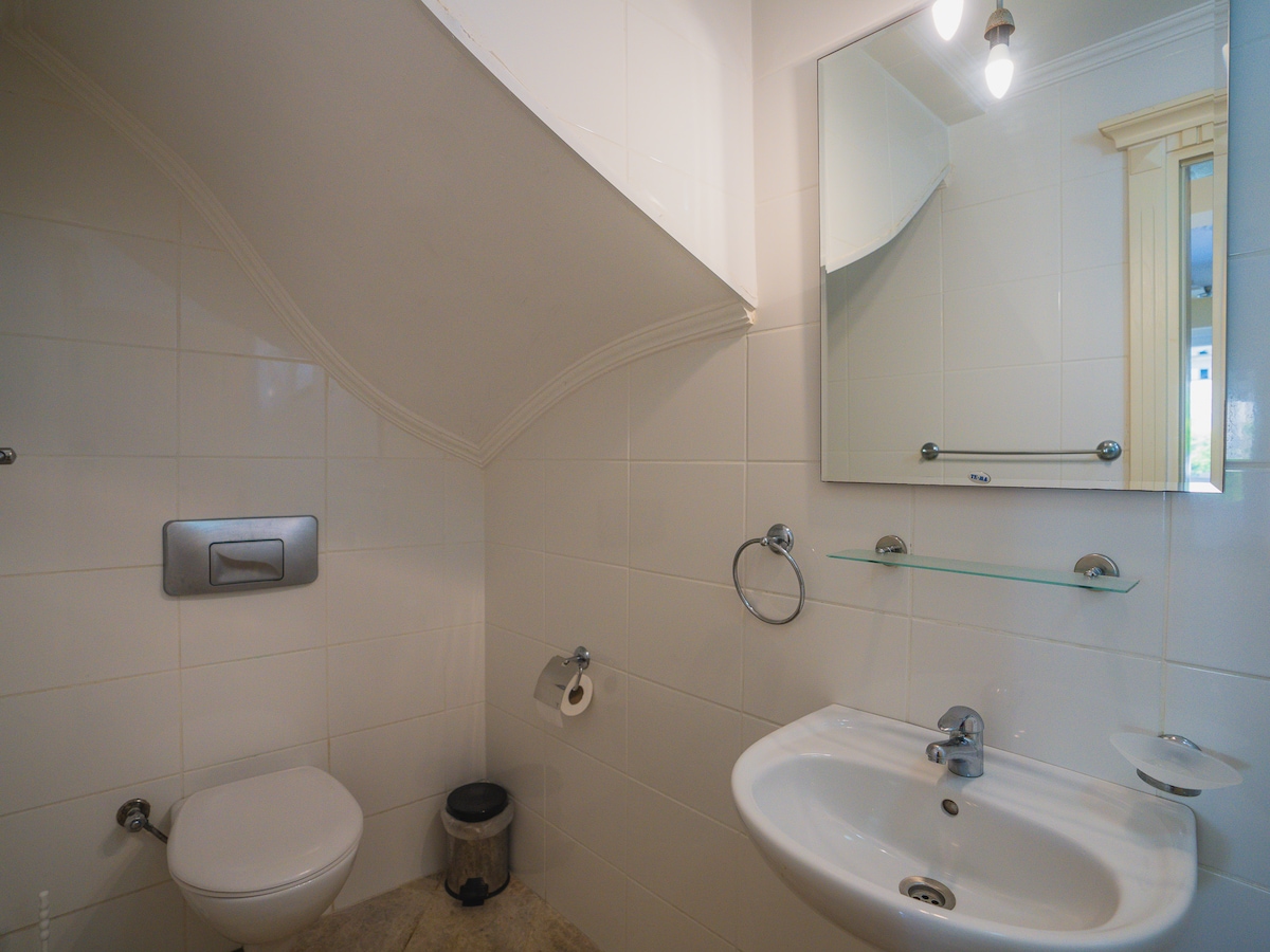 A compact bathroom features clean white wall tiles and a sloped ceiling. A modern sink is accompanied by a wall-mounted mirror and glass shelf. A toilet is positioned adjacent, with a small waste bin visible on the floor. Natural light contributes to the bright and airy atmosphere.